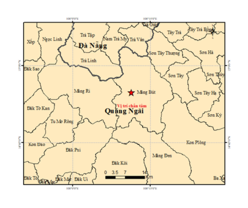 Bản đồ tâm chấn động đất tại Quảng Ngãi 29.9.2025