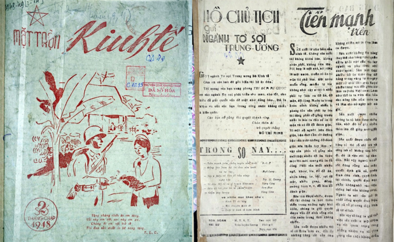 Trang bìa tờ tin Mặt trận Kinh tế số 2 xuất bản tháng Chạp năm 1948 (trái) và Trang nhất của tờ tin Mặt trận Kinh tế số 2 lại trích nội dung bức thư “Hồ Chủ Tịch gửi ngành Tơ sợi Trung ương” (phải)
