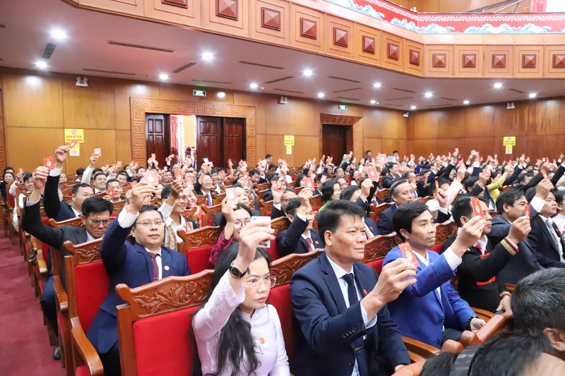 Các đại biểu thông qua nghị quyết Đại hội Đảng bộ tỉnh Đắk Lắk lần thứ I. Ảnh: Công Lý