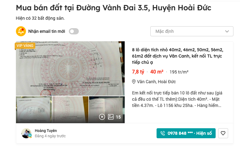 Với 40m đất tại xã Hoài Đức (huyện Hoài Đức cũ) được rao bán 7,8 tỷ đồng (tương đương 195 triệu/m). Ảnh chụp màn hình