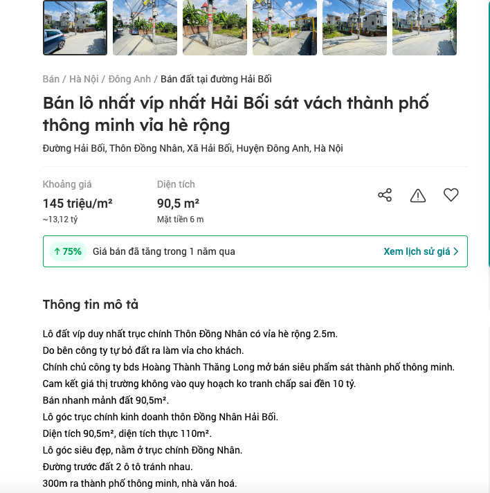 90m đất nền tại Đông Anh được rao bán 13 tỷ tương đường 145 triệu/m2. Ảnh chụp màn hình