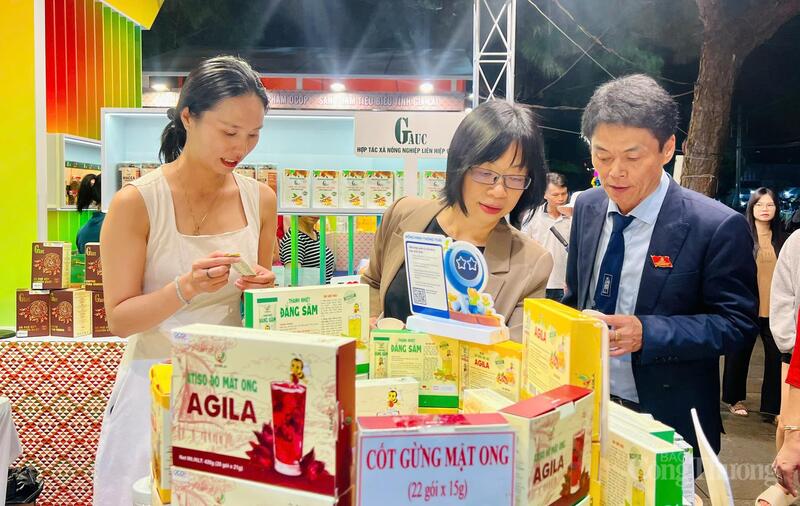 Bà Nguyễn Thị Thanh Lịch (giữa), Phó Chủ tịch UBND tỉnh Gia Lai và ông Dương Minh Đức, Giám đốc Sở Công Thương Gia Lai tham quan gian hàng của Công ty TNHH Nhất Nông Gia Lai. Ảnh: Hiền Mai