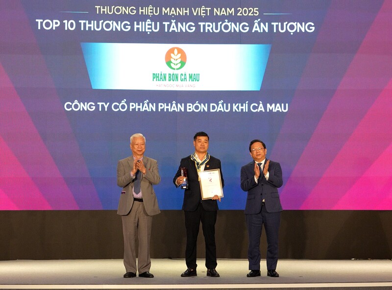 Đại diện PVCFC nhận danh hiệu Top 10 Thương hiệu Tăng trưởng Ấn tượng 2025 (Ảnh PVCFC)
