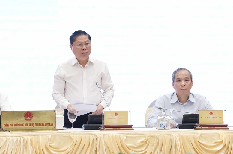 Thứ trưởng Bộ Giáo dục và Đào tạo Lê Tấn Dũng trả lời câu hỏi về vấn đề sáp nhập đại học. Ảnh: VGP