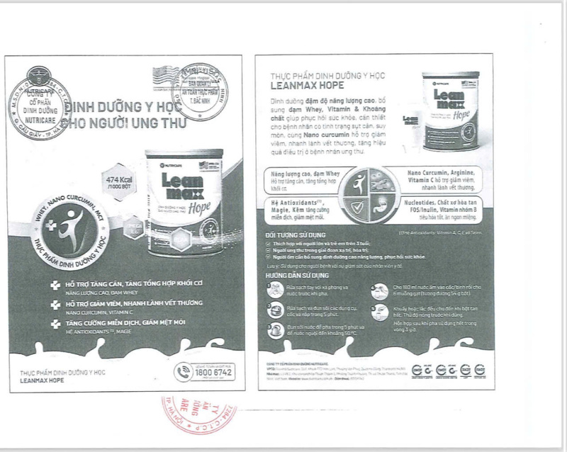 Nội dung quảng cáo thực phẩm dinh dưỡng y học Leanmax Hope mà Nutricare cung cấp.