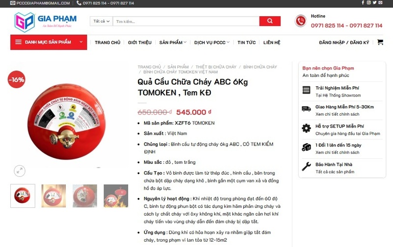Bình chữa cháy Tomoken giả vẫn được bày bán trên kênh thương mại điện tử Gia Phạm. Ảnh chụp màn hình.