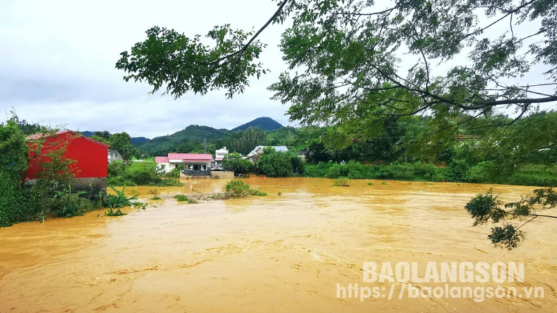 Nhiều hộ dân tại xã Quảng Lạc, thành phố Lạng Sơn bị ngập úng, cô lập do nước suối tràn vào. Ảnh: Báo Lạng Sơn