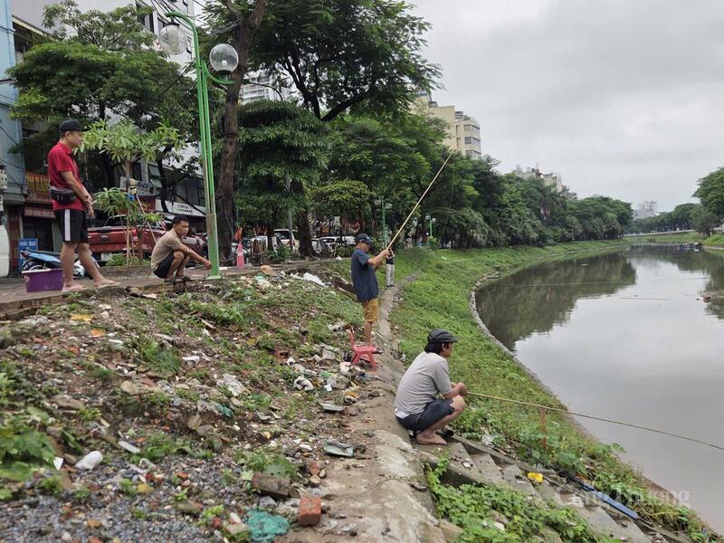 Các "cần thủ" tranh thủ câu cá.