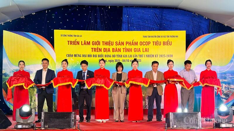 Các đại biểu cắt băng khai mạc Triển lãm sản phẩm tiêu biểu tỉnh Gia Lai. Ảnh: Hiền Mai