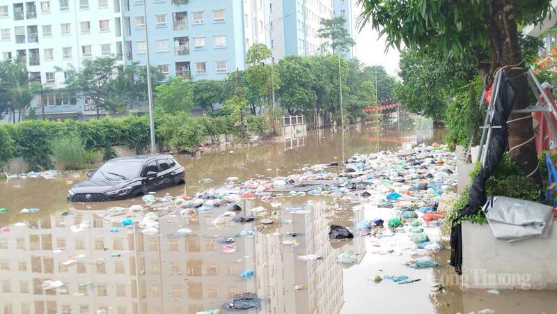 Rác thải nổi lênh phềnh trên đường đi.