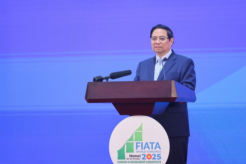 Thủ tướng Phạm Minh Chính phát biểu tại FIATA World Congress 2025. Ảnh: VGP/Nhật Bắc