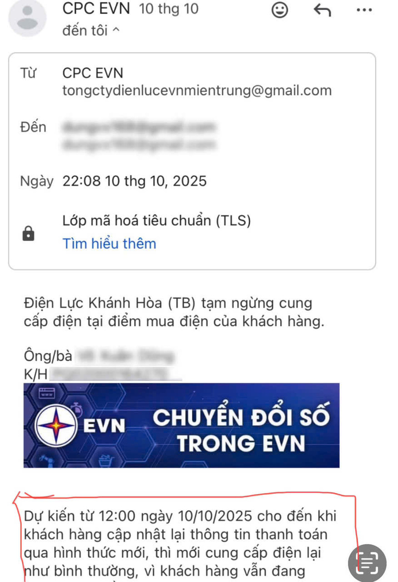 Nhiều người dân miền Trung nhận được email giả danh ngành điện