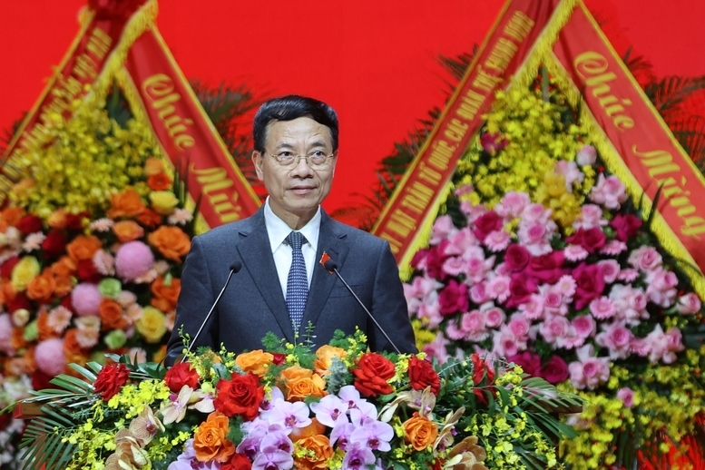 Ủy viên Trung ương Đảng, Bộ trưởng Bộ Khoa học và Công nghệ Nguyễn Mạnh Hùng phát biểu tham luận tại Đại hội Đảng bộ Chính phủ - Ảnh: VGP