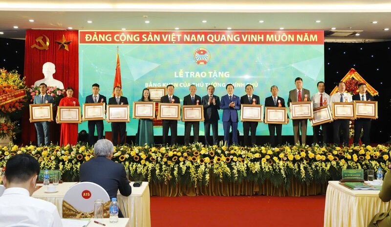 Đồng chí Trần Hồng Hà, Ủy viên Ban Chấp hành Trung ương Đảng, Phó Thủ tướng Chính phủ trao tặng Bằng khen của Thủ tướng Chính phủ cho 26 nông dân có thành tích xuất sắc nhất trong phong trào “Nông dân sản xuất, kinh doanh giỏi, đoàn kết giúp nhau làm giàu và giảm nghèo bền vững”. Ảnh: Phạm Hưng.