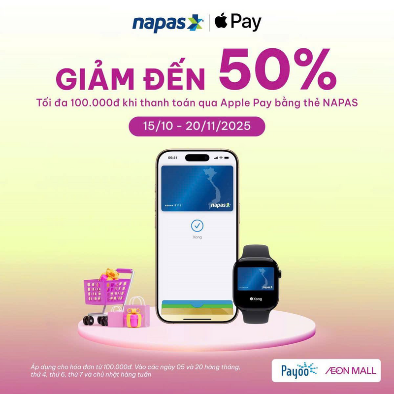 Giảm ngay 50% tối đa 100.000 đồng khi thanh toán bằng thẻ NAPAS trên các thiết bị di động của Apple tại hệ thống của Aeon Mall. Áp dụng cho cho hóa đơn từ 100.000 đồng.