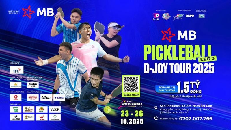 MB Pickleball D-Joy Tour 2025 chặng 3 chuẩn bị khởi tranh từ ngày 23 - 26/10/2025 tại cụm sân Pickleball D-Joy Nam Sài Gòn (61 Nguyễn Lương Bằng, phường Tân Mỹ, TP.HCM).