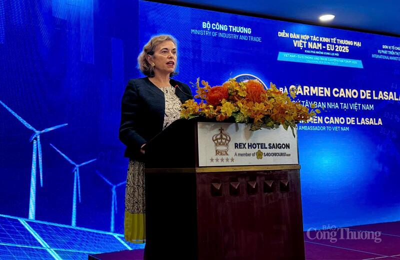 Bà Carmen Cano de Lasala - Đại sứ Tây Bạn Nha phát biểu tầm nhìn của Tây Ban Nha về xây dựng chuỗi cung ứng đa dạng và bền vững cùng Việt Nam.