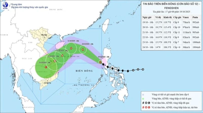 Hướng đi của bão số 12. Nguồn: Trung tâm Khí tượng thủy văn Quốc gia.