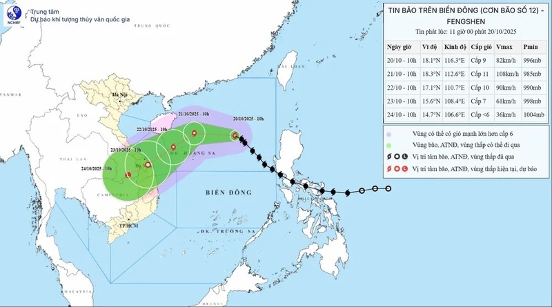 Hồi 7 giờ ngày 20/10, vị trí tâm bão số 12 ở vào khoảng 17,8 độ Vĩ Bắc, 116,9 độ Kinh Đông