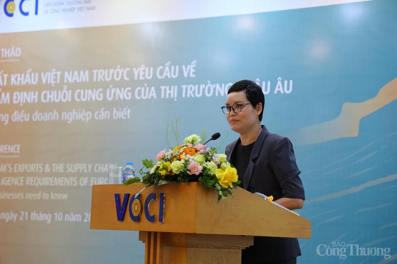 Nguyễn Thị Thu Trang - Giám đốc Trung tâm WTO và Hội nhập (VCCI) phát biểu tại Hội thảo. Ảnh: Phương Thảo