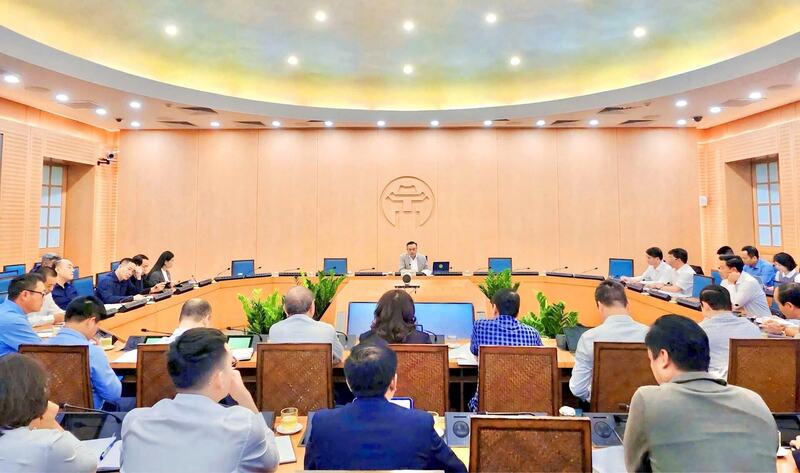 Điểm cầu hội nghị tại UBND thành phố Hà Nội. Ảnh: Hải Lê