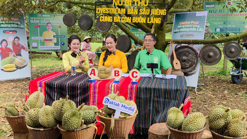 Bà Ngô Thi Minh Trinh, Bí thư Đảng ủy xã Ea Knếc, tỉnh Đắk Lắk trong buổi livestream bán sầu riêng online hồi tháng 8/2025. Ảnh: Vũ Long