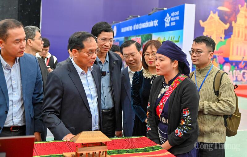 Phó Thủ tướng Chính phủ Bùi Thanh Sơn và các đại biểu khảo sát tại gian hàng sản phẩm OCOP.