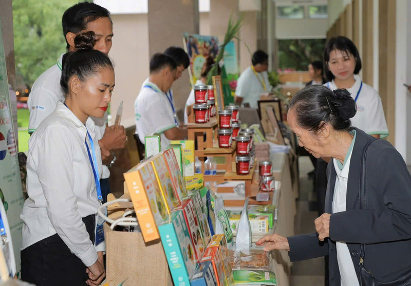 Chuyên gia kinh tế Phạm Chi Lan thăm gian hàng trưng bày các dự án trước giờ khai mạc. Ảnh: Minh Khuê.