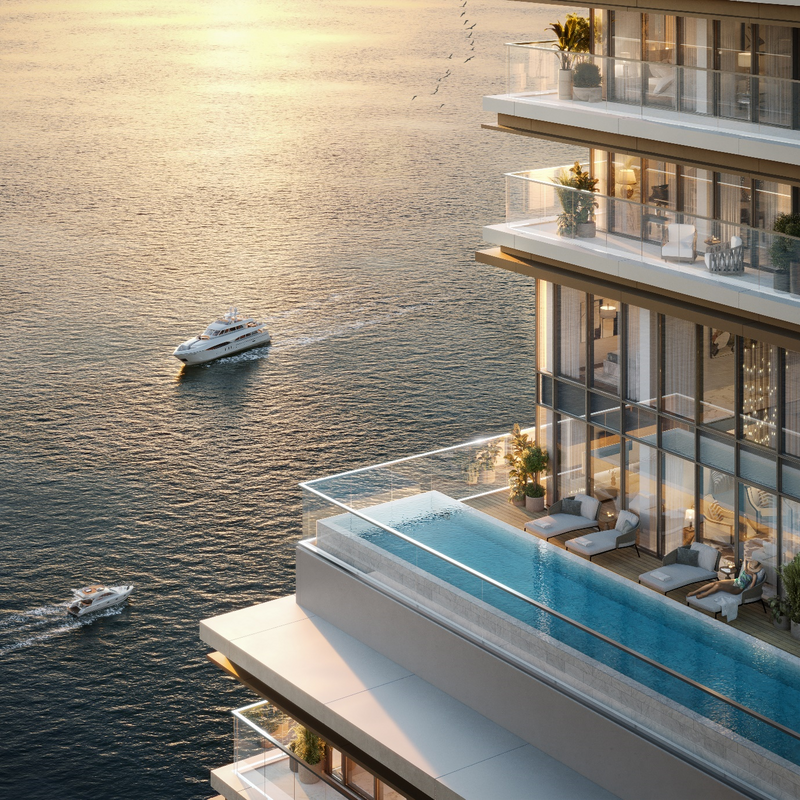 Vị trí hiếm có mở ra những "khán đài đặc quyền" tại Aria Bay, nơi thưởng ngoạn vẻ đẹp kỳ vĩ của thiên nhiên và nhịp sống hiện đại từ trên tầm cao. Ảnh: Sky Villa tại Aria Bay.