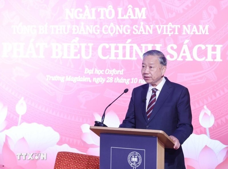 Tổng Bí thư Tô Lâm phát biểu chính sách tại Đại học Oxford. Ảnh: Thống Nhất/TTXVN