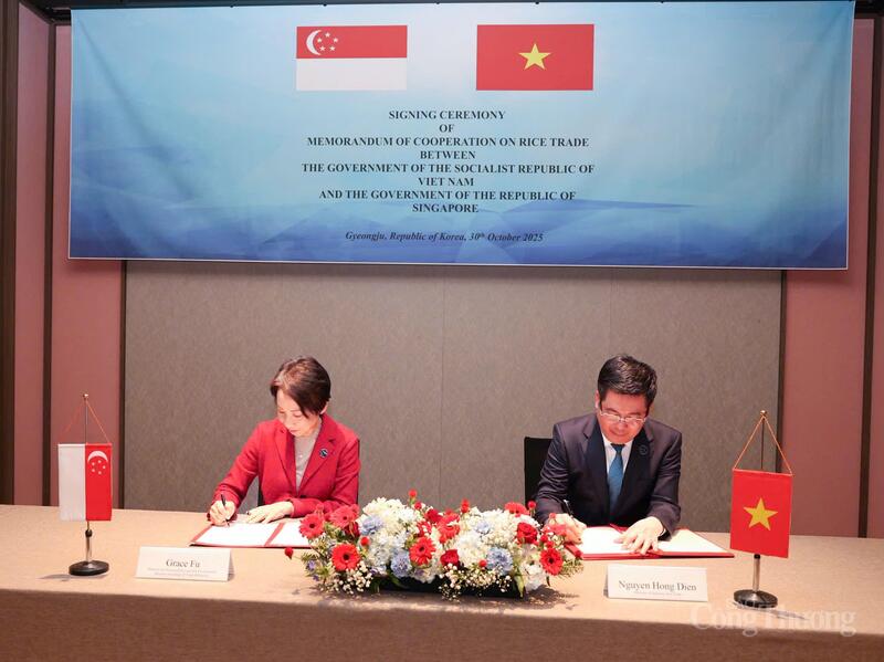 Bộ trưởng Bộ Phát triển Bền vững và Môi trường, kiêm Bộ trưởng phụ trách Quan hệ Thương mại Singapore Grace Fu và Bộ trưởng Bộ Công Thương Việt Nam Nguyễn Hồng Diên ký Bản ghi nhớ về hợp tác thương mại gạo
