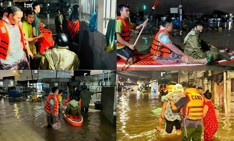 Lực lượng chức năng hỗ trợ người dân di dời tới nơi an toàn trong đêm. Ảnh: Công an cung cấp