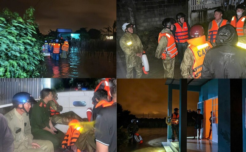 Ngay trong đêm, lực lượng quân đội, công an đã hỗ trợ người dân vùng ngập di chuyển tới nơi an toàn. Ảnh: Công an cung cấp