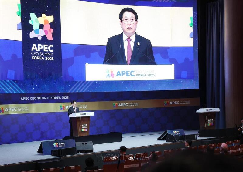 Chủ tịch nước Lương Cường phát biểu tại Hội nghị Thượng đỉnh Doanh nghiệp APEC 2025. Ảnh: TTXVN