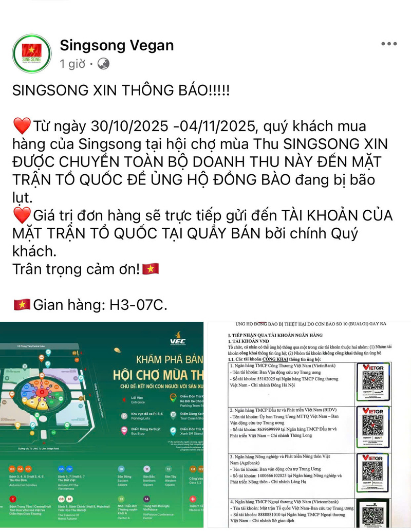 Singsong Vegan kêu gọi khách hàng cùng chung tay hướng về miền Trung, lan tỏa tinh thần sẻ chia trong khuôn khổ Hội chợ Mùa Thu 2025. Ảnh chụp màn hình