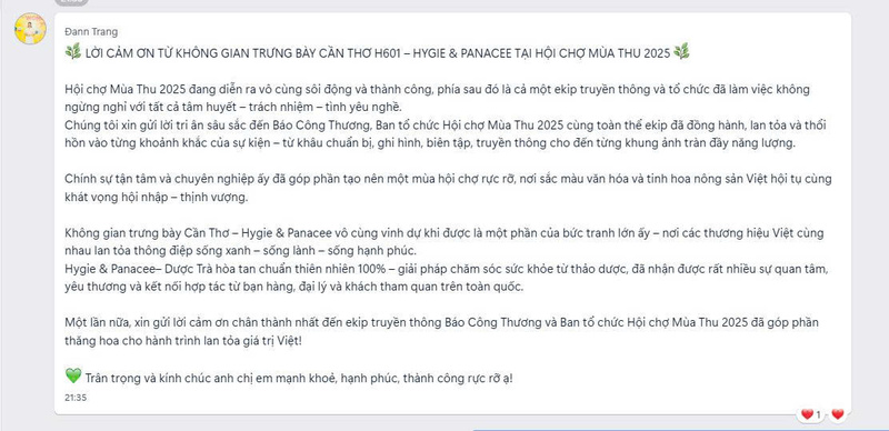 Lời cảm ơn của gian trưng bày Cần Thơ H601 – Hygie & Panacee