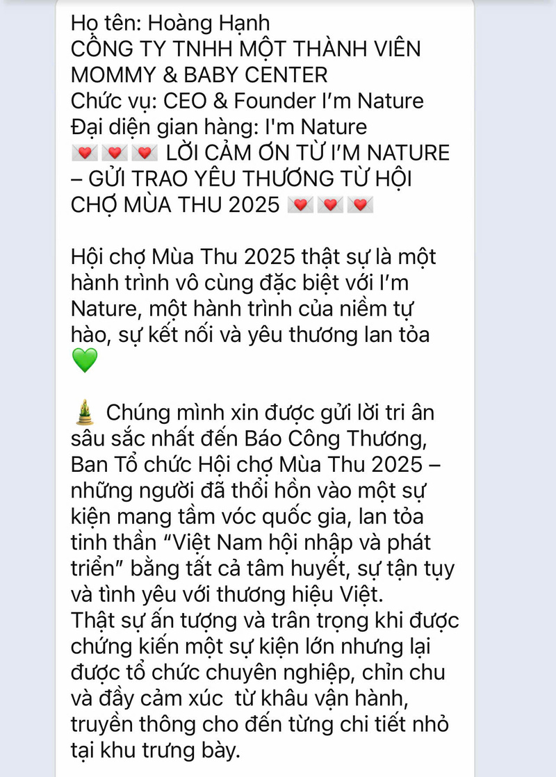 Lời cảm ơn từ Công ty TNHH MTV Mommy & Baby Center