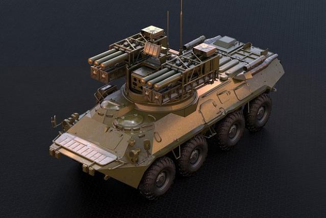 Hệ thống tên lửa phòng không Krona-E trên khung gầm xe bọc thép BTR-82A. Ảnh: RIAN