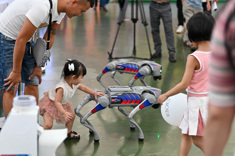Các bạn nhỏ thích thú với các mô hình chó robot.
