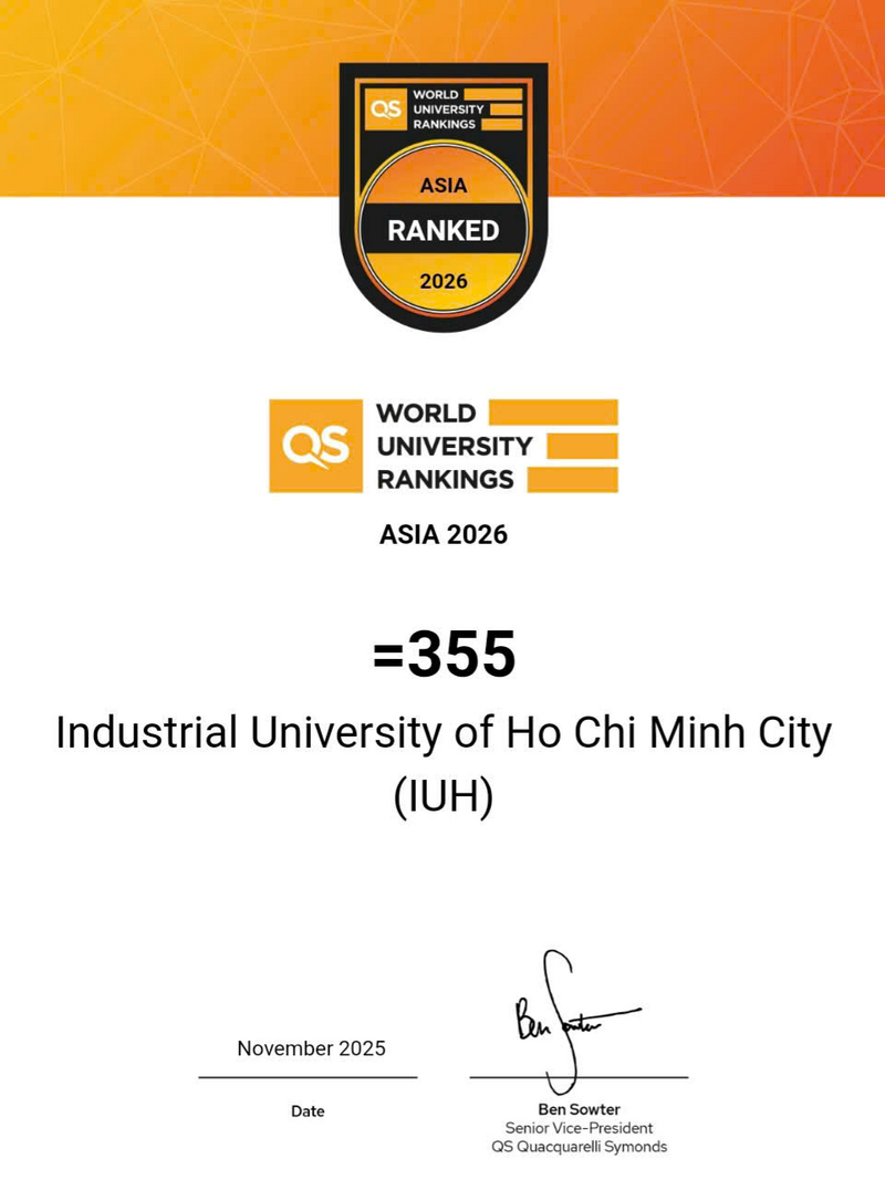IUH thăng hạng vượt bậc từ vị trí xếp hạng 501-520 năm 2025 lên vị trí thứ 355 năm 2026, theo bảng xếp hạng  công bố của QS World University Rankings: Asia 2026. Ảnh: IUH.