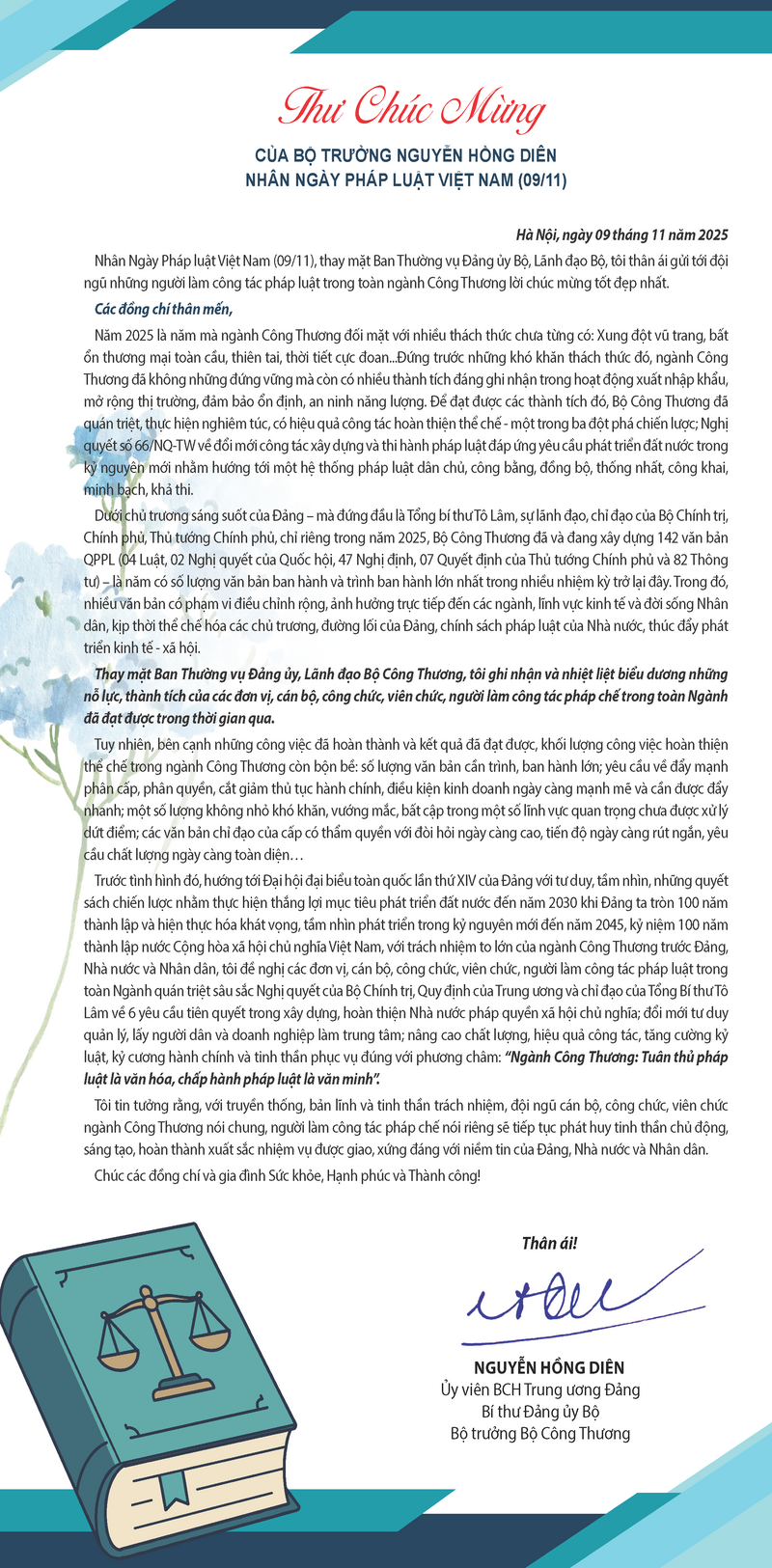 Bộ trưởng Nguyễn Hồng Diên gửi thư chúc mừng nhân Ngày Pháp luật Việt Nam - 1