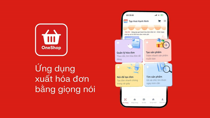 Tính năng POS Voice AI của OneShop giúp chủ tiệm tạp hóa nhập hàng dễ dàng bằng giọng nói, xuất hóa đơn điện tử tự động theo đúng quy định của Nhà nước.