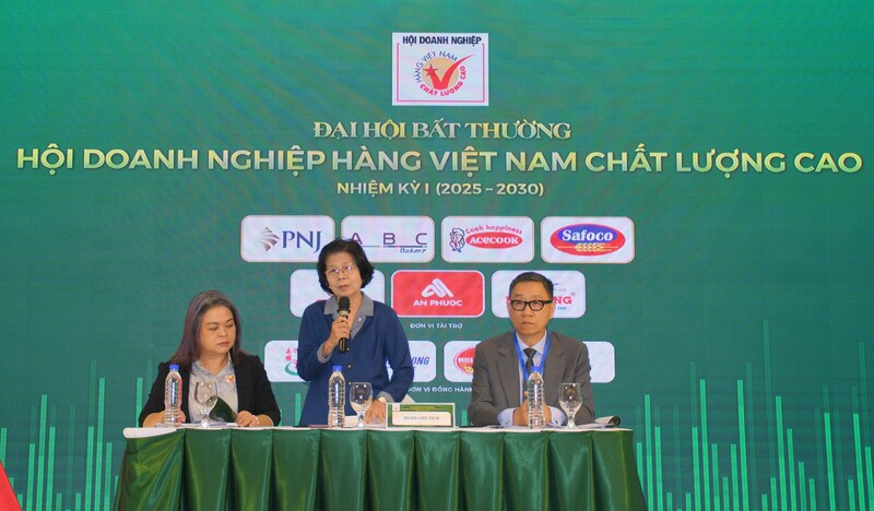 Bà Vũ Kim Hạnh - Chủ tịch Hội Doanh nghiệp Hàng Việt Nam Chất lượng cao trình bày đề án đổi tên thành mô hình hiệp hội. Ảnh: Minh Khuê.