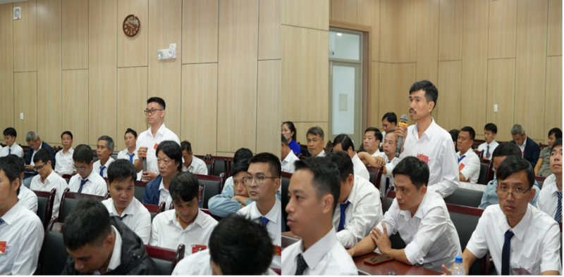 Đoàn viên Hồ Quang Vương – Tổ Công đoàn Phân xưởng Vận hành (bìa trái) và Đoàn viên Ngô Văn Phương – Tổ Công đoàn Phân xưởng Sửa chữa (bìa phải) tham gia đóng góp ý kiến tại Đại hội