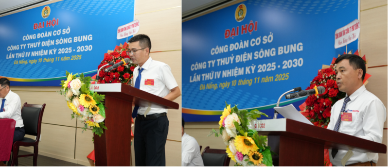 Ông Lê Anh Tuấn, Tổ trưởng Tổ Công đoàn Phòng Kỹ thuật và An toàn (bìa trái) trình bày tham luận về giải pháp thúc đẩy phong trào sáng kiến, cải tiến kỹ thuật tại TĐSB; và ông Ngô Tấn Hiếu, Phó Quản đốc Phân xưởng Vận hành (bìa phải) trình bày tham luận về phát huy vai trò Tổ Công đoàn trong xây dựng môi trường làm việc đoàn kết – an toàn – hiệu quả