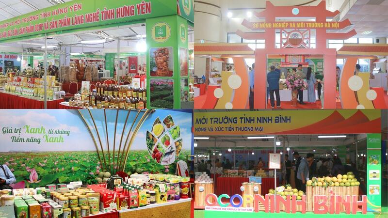 Gian hàng trưng bày các sản phẩm đặc trưng như thủ công mỹ nghệ, thực phẩm chế biến, sản phẩm OCOP của tỉnh Hưng Yên, Sở Nông nghiệp và Môi trường Hà Nội, tỉnh Đồng Tháp, tỉnh Ninh Bình. Ảnh: Ngọc Châu