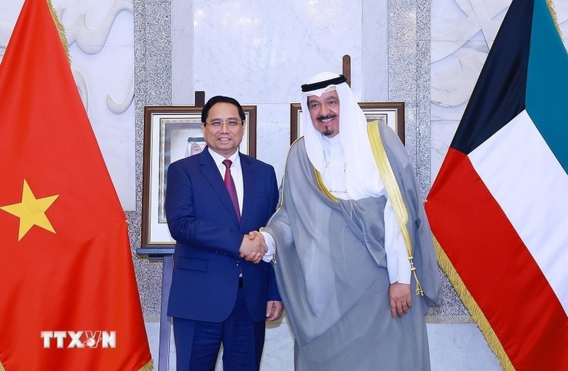 Thủ tướng Phạm Minh Chính hội đàm với Thủ tướng Nhà nước Kuwait Sheikh Ahmad Abdullah Al-Ahmad Al Sabah. Ảnh: Dương Giang/TTXVN