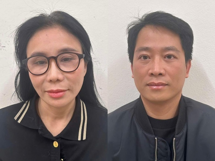 Hai vợ chồng bị can Phan Thị Mai và Hoàng Kim Khánh tại cơ quan điều tra . Ảnh: Bộ Công an