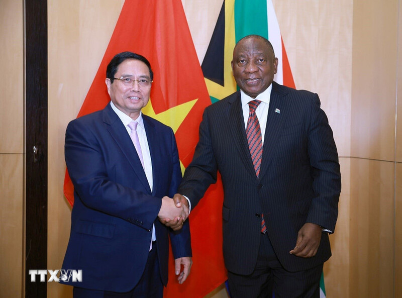 Thủ tướng Phạm Minh Chính hội kiến Tổng thống Cộng hòa Nam Phi Matamela Cyril Ramaphosa. Ảnh: Dương Giang/TTXVN