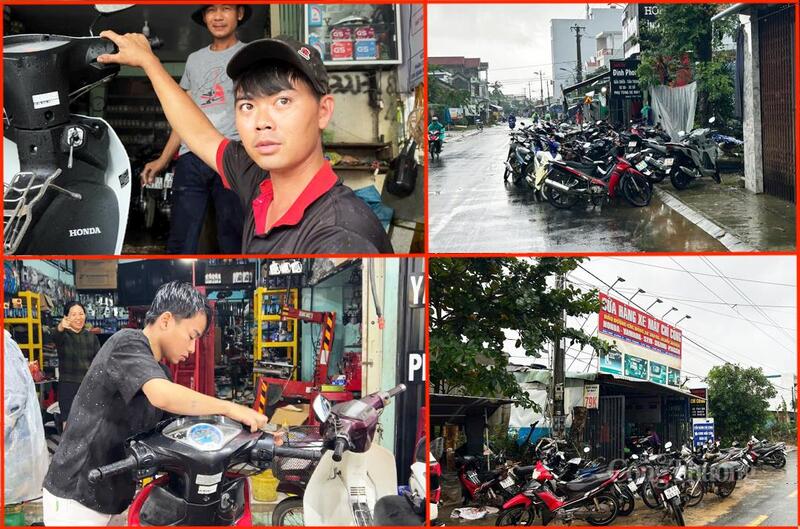 Xe máy xếp kín các lối đi, buộc thợ kỹ thuật phải làm việc hết công suất để kịp sửa chữa cho người dân. Ảnh: Vũ Long